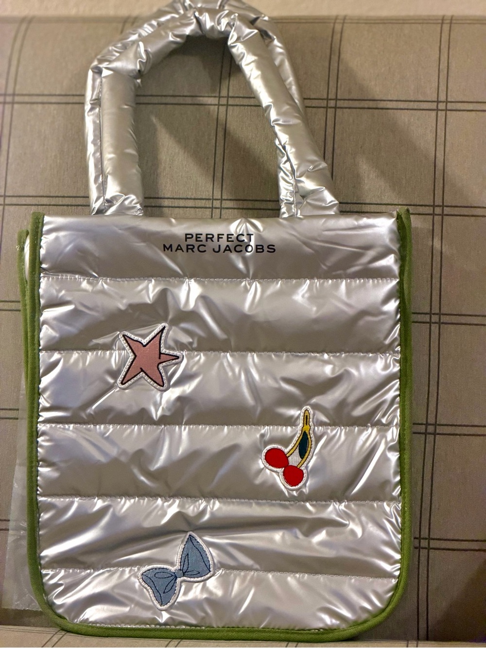 So Chic!Luxurious Marc Jacobs Silver Puffer Tote with embroidered emblems